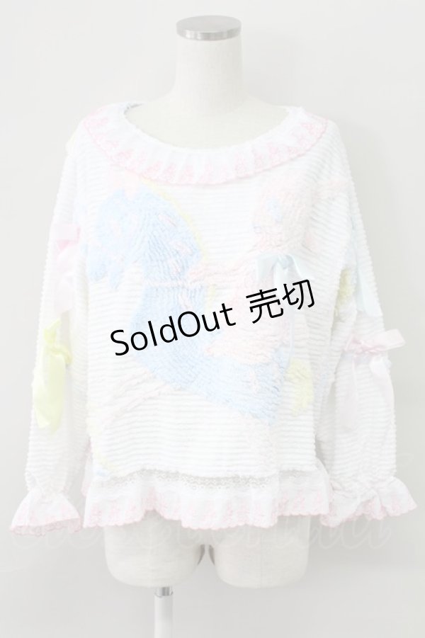 画像1: Nile Perch / カルーセルデザインうさぎ刺繍襟トップス  白ＸピンクＸ青 T-25-11-06-009-LO-TO-SA-ZT (1)