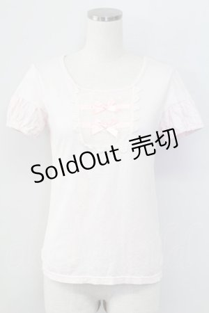 画像: Emily Temple cute / ダブルリボンドットチュール半袖カットソー  ピンクＸアイボリー T-25-11-06-015-ET-TO-SA-ZT