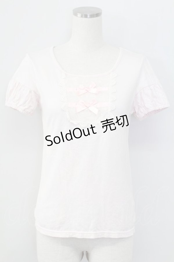 画像1: Emily Temple cute / ダブルリボンドットチュール半袖カットソー  ピンクＸアイボリー T-25-11-06-015-ET-TO-SA-ZT (1)