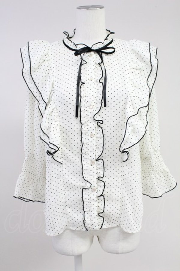 画像1: axes femme POETIQUE / ドット配色リボンフリルブラウス M ホワイト T-25-11-09-015-AX-BL-SA-ZT509 (1)