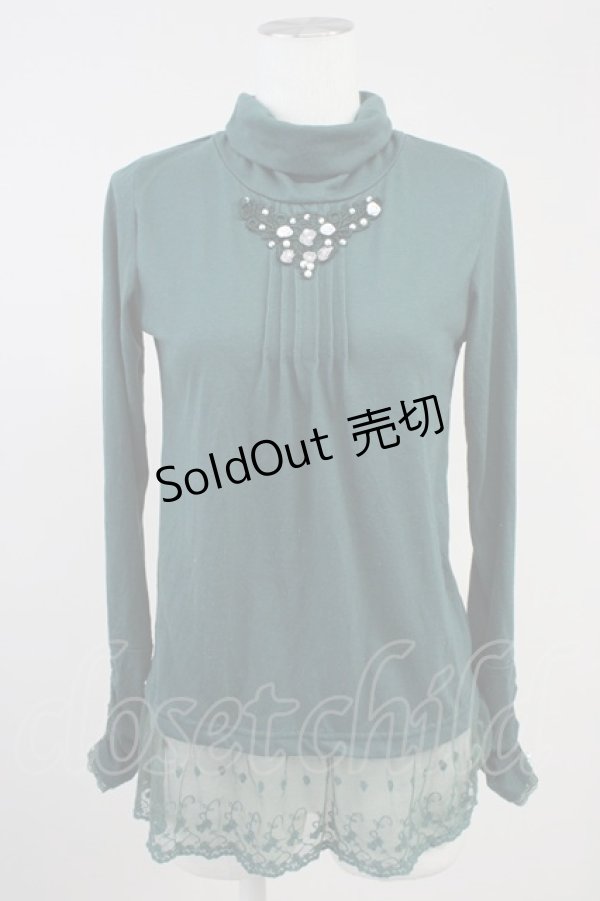 画像1: axes femme / 巻き薔薇レースハイネックカットソー  グリーン T-25-11-09-020-AX-TO-SA-ZT (1)