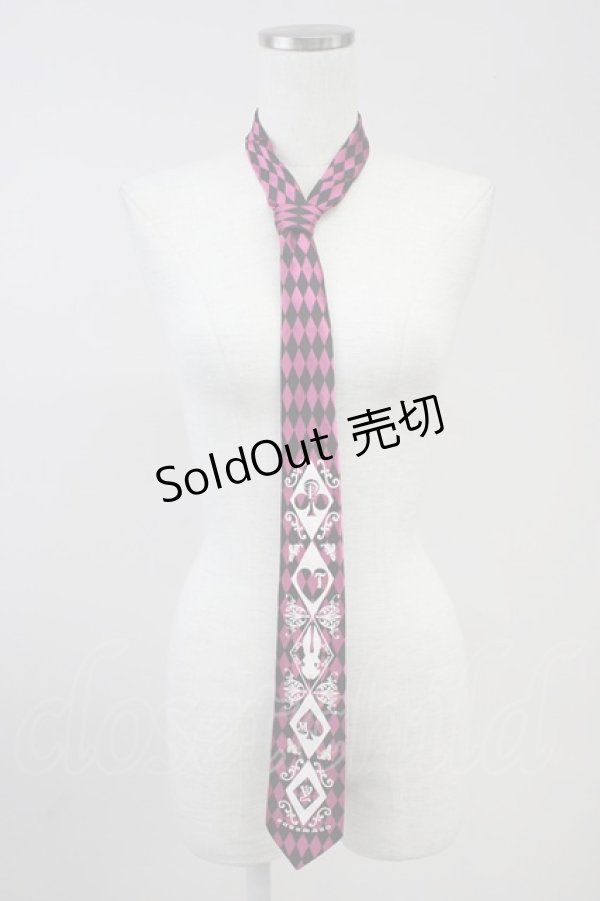 画像1: PUTUMAYO / トランプうさぎダイヤ柄ネクタイ  ピンクＸ黒Ｘ白 T-25-11-14-011-PT-ZA-SA-ZI (1)