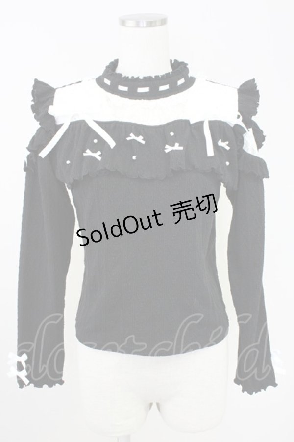 画像1: NOEMIE / ハイネックリボンパールニットトップス  黒Ｘシルバー T-25-11-14-015-LO-TO-SA-ZI (1)