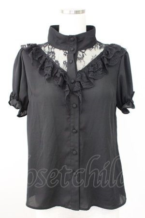 画像: Jamie エーエヌケー / レーススタンドカラー半袖ブラウス  ブラック T-25-11-14-017-LO-BL-SA-ZT