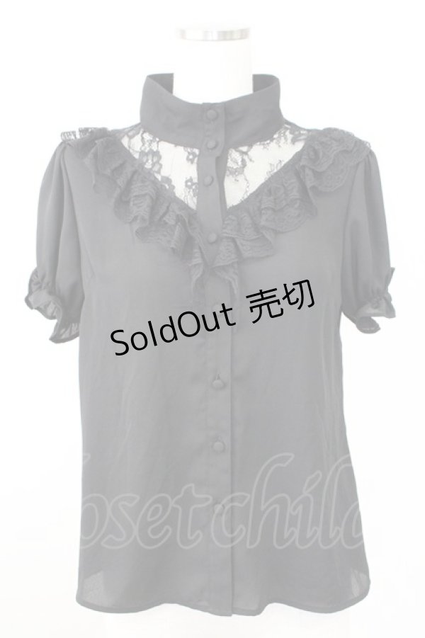 画像1: Jamie エーエヌケー / レーススタンドカラー半袖ブラウス  ブラック T-25-11-14-017-LO-BL-SA-ZI (1)