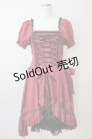 画像: ATELIER PIERROT / 編み上げリボン半袖ワンピース  ボルドーＸ黒 T-25-11-14-021-EL-OP-SA-ZI