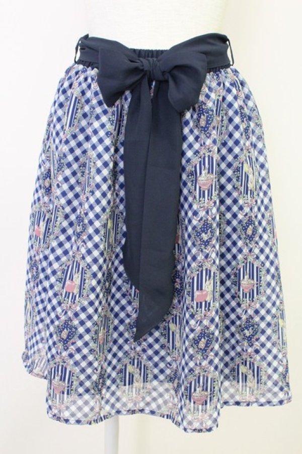 画像1: axes femme POETIQUE / フラワーフレームギンガムスカート  紺 T-25-11-14-027-AX-SK-SZ-ZI (1)