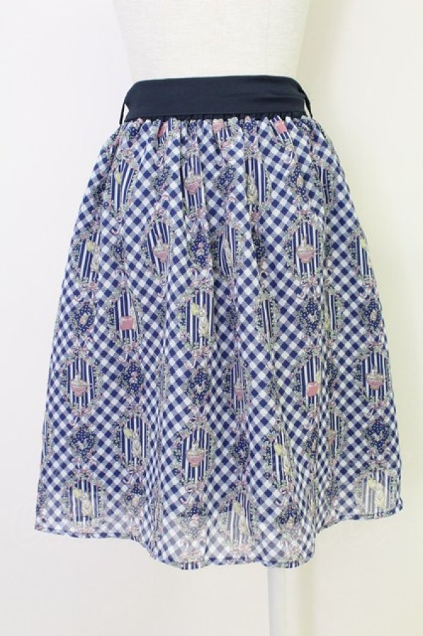 画像2: axes femme POETIQUE / フラワーフレームギンガムスカート  紺 T-25-11-14-027-AX-SK-SZ-ZI (2)