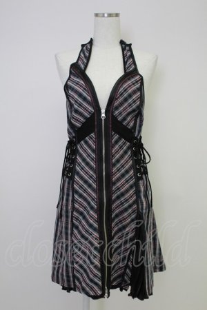 画像: Ozz Croce / フロントZIPナナメチェックビスチェジャンパースカート  黒Ｘ赤チェック T-25-11-14-030-OO-OP-SA-ZT