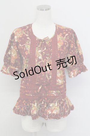 画像: PINK HOUSE / いちごバスケット柄半袖ブラウス  ボルドー T-25-11-15-032-LO-BL-SA-ZT