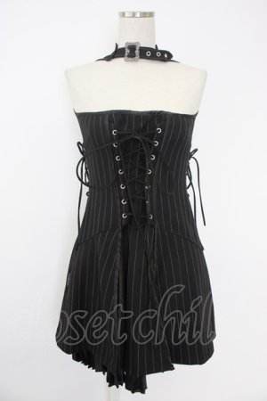 画像: Ozz oneste / ストライプサイド編み下げビスチェジャンパースカート  黒Ｘ白 T-25-11-21-024-OO-OP-SA-ZT