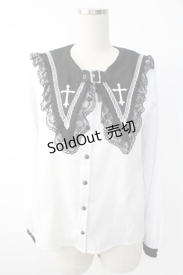 画像1: MA*RS / ベルト付きクロス刺繍ブラウス  白Ｘ黒 T-25-11-28-006-EL-BL-SA-ZT (1)