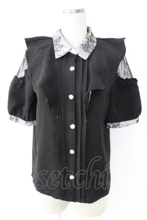 画像: Rojita / ラッフル肩開き半袖ブラウス  黒Ｘ白 T-25-11-28-013-LO-BL-SA-ZI