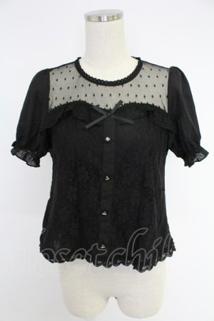 画像: axes femme POETIQUE / ドットチュール&レース切り替え半袖トップス  黒 T-25-12-03-022-AX-TO-SA-ZT