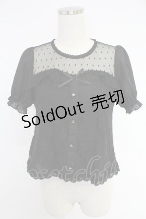 画像: axes femme POETIQUE / ドットチュール&レース切り替え半袖トップス  黒 T-25-12-03-022-AX-TO-SA-ZI