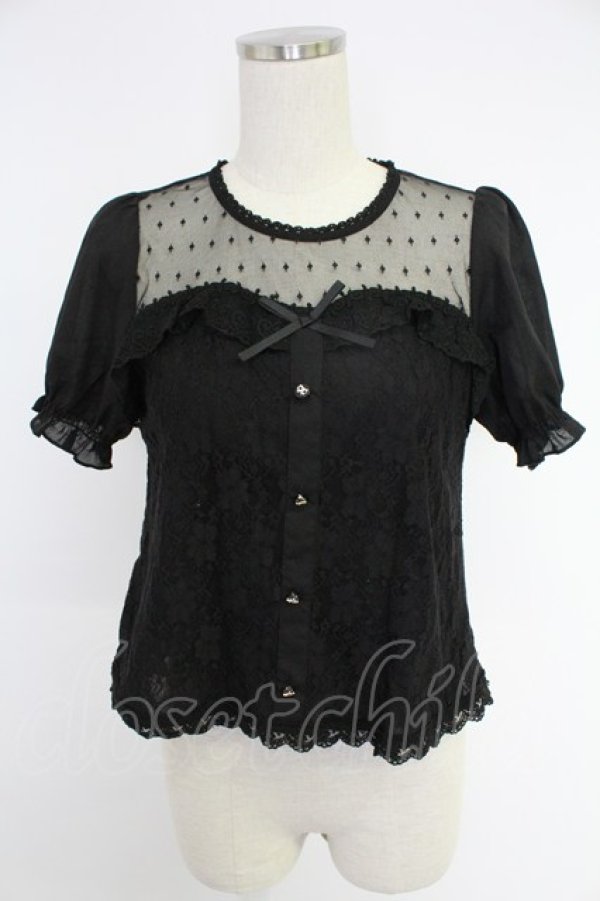画像1: axes femme POETIQUE / ドットチュール&レース切り替え半袖トップス  黒 T-25-12-03-022-AX-TO-SA-ZT (1)