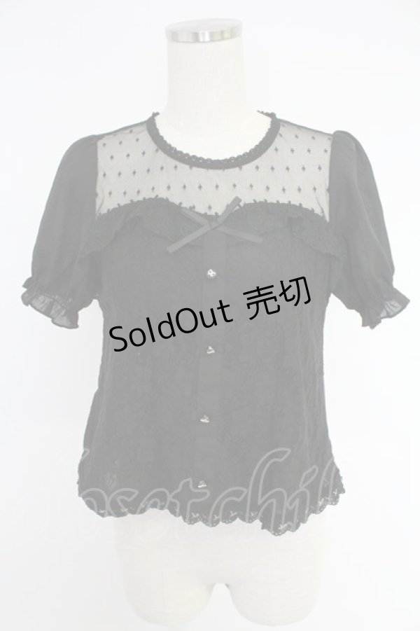 画像1: axes femme POETIQUE / ドットチュール&レース切り替え半袖トップス  黒 T-25-12-03-022-AX-TO-SA-ZI (1)