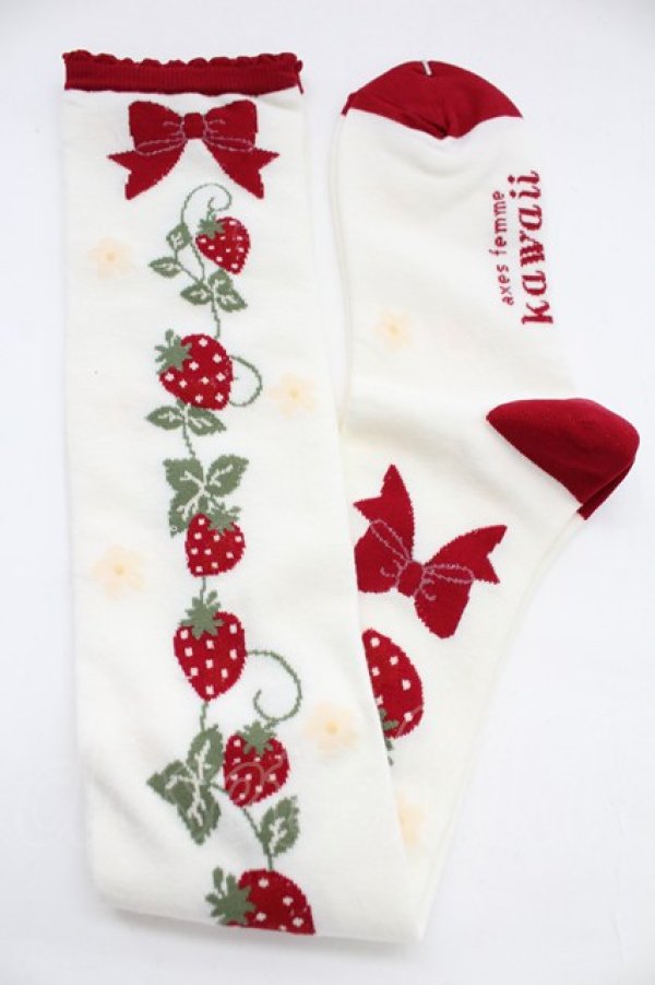 画像2: axes femme kawaii / いちご柄オーバーニー  ホワイト T-25-12-04-005-AX-ZA-SA-ZT (2)