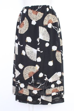 画像: KANEKO ISAO / カメリア&扇子柄スカート  クロ T-25-12-10-021-EL-SK-OW-ZT