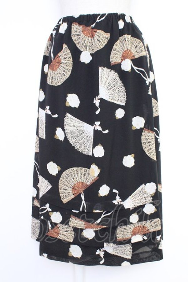 画像1: KANEKO ISAO / カメリア&扇子柄スカート  クロ T-25-12-10-021-EL-SK-OW-ZT (1)