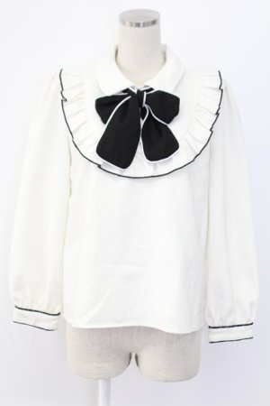 画像: evelyn / Uフリルバイカラーリボンブラウス  ホワイト T-25-12-14-001-LO-BL-SA-ZT