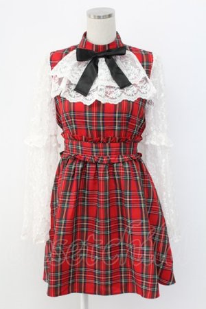 画像: Jamieエーエヌケー / タータンチェックレース袖ワンピース  赤チェックｘ白 T-25-12-14-018-0-OP-SA-ZT