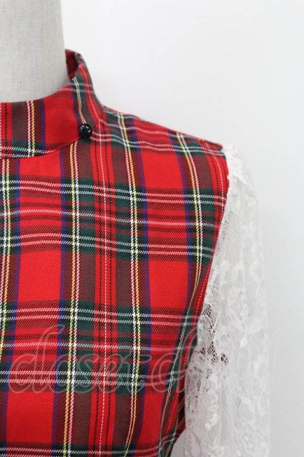 画像5: Jamieエーエヌケー / タータンチェックレース袖ワンピース  赤チェックｘ白 T-25-12-14-018-0-OP-SA-ZT (5)