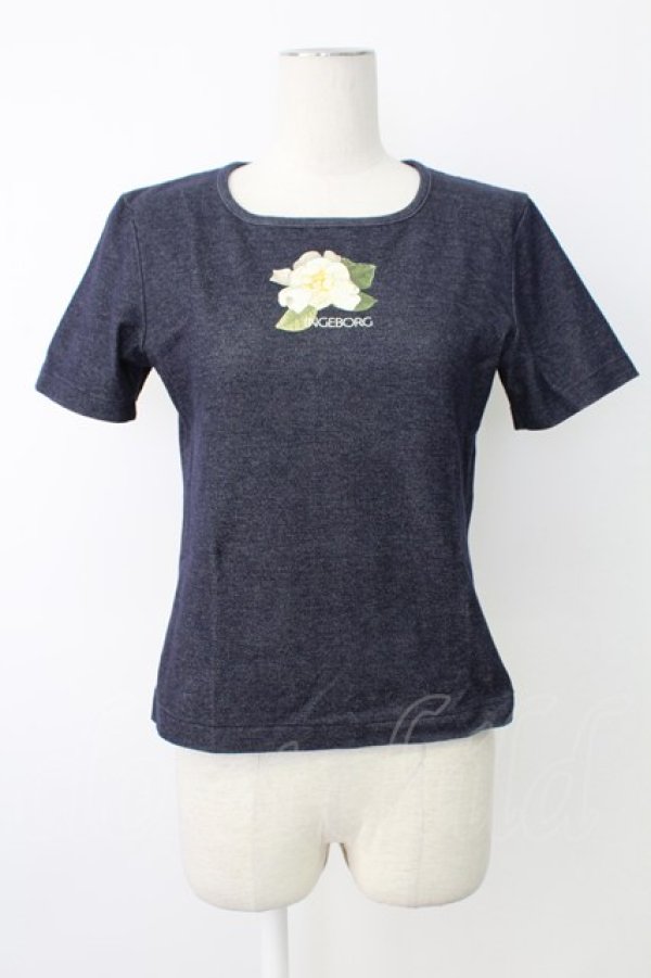 画像1: INGEBORG / カメリアロゴプリント半袖カットソー  ネイビー T-25-12-17-015-LO-TO-SA-ZT (1)