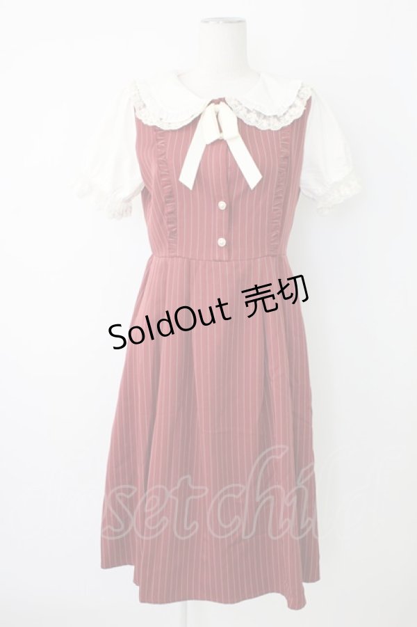 画像1: axes femme POETIQUE / フリルビッグ襟半袖ワンピース  ボルドーＸ白 T-25-12-17-026-AX-OP-SA-ZT526 (1)