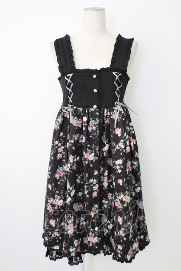 画像1: axes femme / フラワープリント編み下げジャンパースカート  黒 T-25-12-17-028-AX-OP-SA-ZT (1)