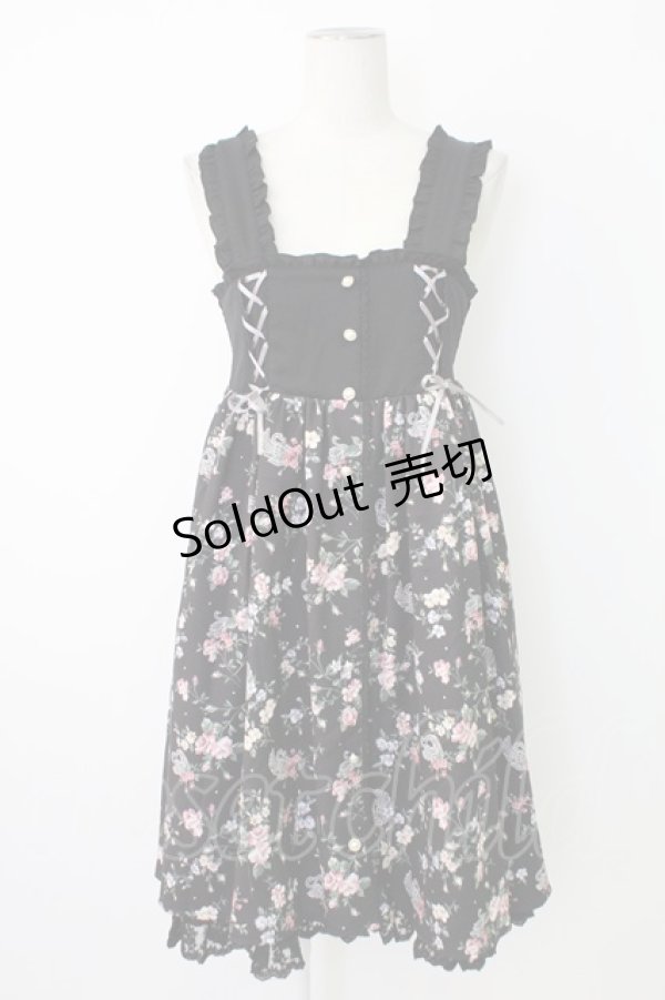 画像1: axes femme / フラワープリント編み下げジャンパースカート  黒 T-25-12-17-028-AX-OP-SA-ZT526 (1)