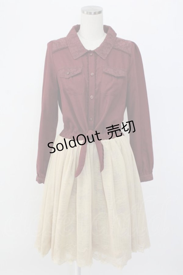 画像1: axes femme / チュール切り替えシャツワンピース  ボルドーＸ生成り T-25-12-18-026-AX-OP-SA-ZT452 (1)