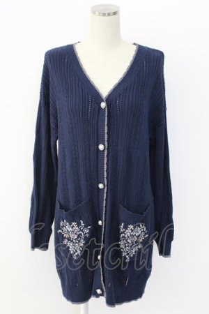 画像: axes femme / 花刺繍ロングニットカーデ  ネイビー T-25-12-18-004-AX-TO-SA-ZT