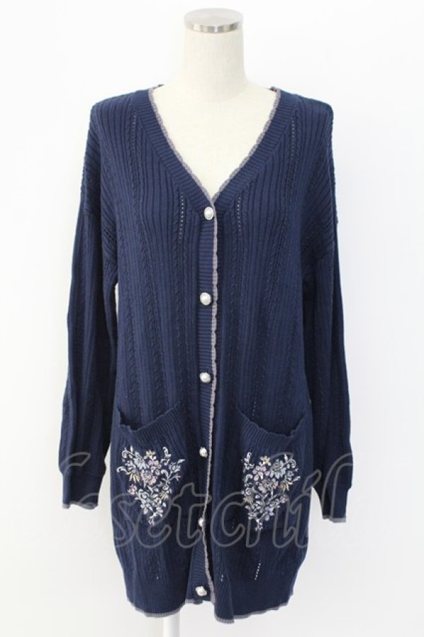 画像1: axes femme / 花刺繍ロングニットカーデ  ネイビー T-25-12-18-004-AX-TO-SA-ZT (1)