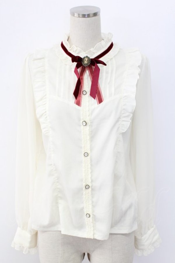 画像1: axes femme POETIQUE / ベロアリボンハイネック長袖ブラウス  アイボリーＸボルドー T-25-12-18-009-AX-JA-SA-ZT (1)