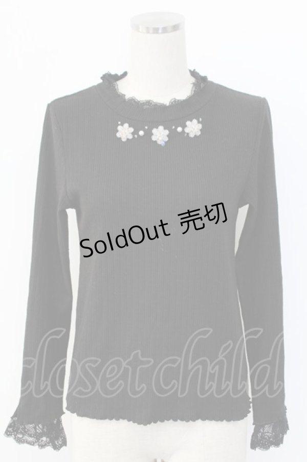 画像1: axes femme / キラキラお花ビジューリブプルオーバー  ブラック T-25-12-18-003-AX-TO-SA-ZT (1)