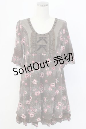 画像: axes femme / 2リボン&薔薇柄半袖チュニック  ブラウンＸピンク T-25-12-22-025-AX-OP-SA-ZT