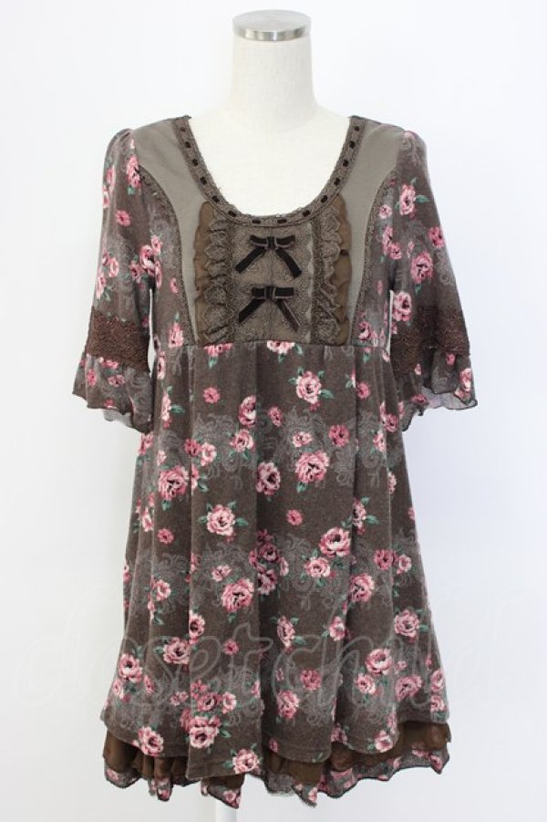 画像1: axes femme / 2リボン&薔薇柄半袖チュニック  ブラウンＸピンク T-25-12-22-025-AX-OP-SA-ZT (1)