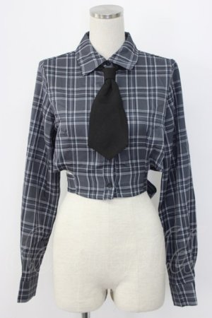 画像: Jamieエーエヌケー / ネクタイ付きチェックショートシャツ  青チェックＸ黒 T-25-12-22-013-0-BL-SA-ZT