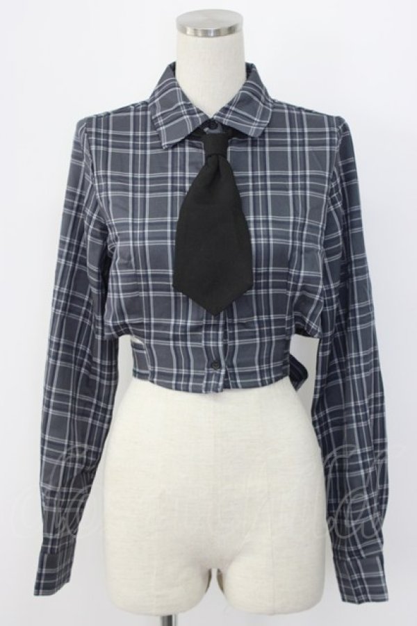 画像1: Jamieエーエヌケー / ネクタイ付きチェックショートシャツ  青チェックＸ黒 T-25-12-22-013-0-BL-SA-ZT (1)