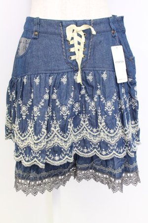 画像: axes femme / 編み上げ&刺繍デニムスカート L インディゴ T-25-12-25-031-AX-SK-SA-ZT