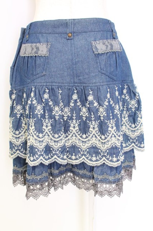 画像2: axes femme / 編み上げ&刺繍デニムスカート L インディゴ T-25-12-25-031-AX-SK-SA-ZT (2)