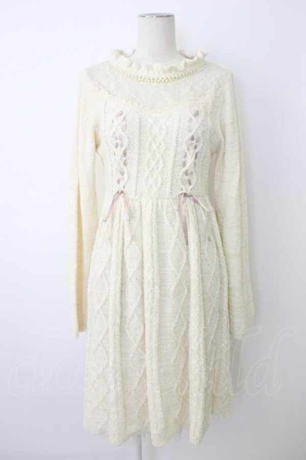 画像1: axes femme / 襟元パール編み上げニットワンピース M キナリ T-25-12-26-006-AX-OP-SA-ZT (1)