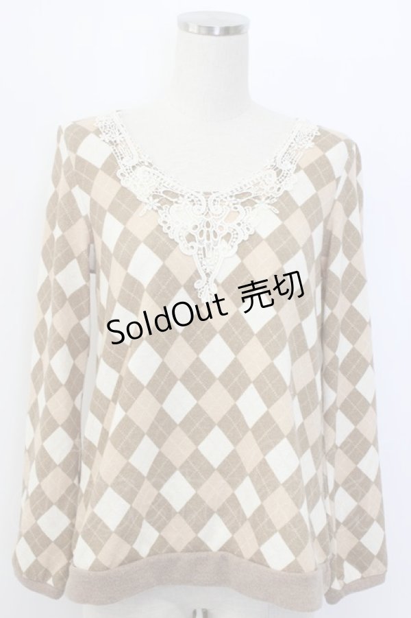 画像1: axes femme / アーガイルニットトップス  アイボリーＸベージュ T-25-12-27-002-AX-TO-SA-ZT506 (1)