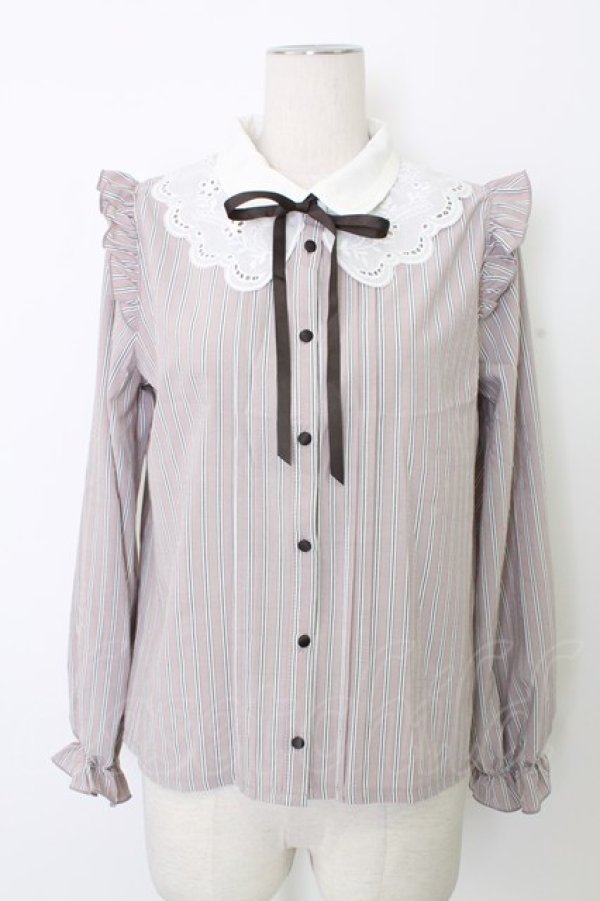 画像1: axes femme POETIQUE / レース襟ストライプブラウス  ピンクＸ白 T-25-12-28-001-AX-BL-SA-ZT (1)