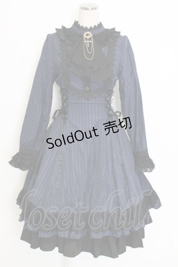 画像1: Miss Point / 立ち襟ビジュージャボ付きストライプワンピース  ネイビーＸ黒 T-25-12-31-017-0-OP-SA-ZT (1)