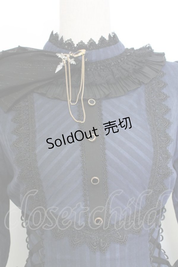 画像7: Miss Point / 立ち襟ビジュージャボ付きストライプワンピース  ネイビーＸ黒 T-25-12-31-017-0-OP-SA-ZT (7)