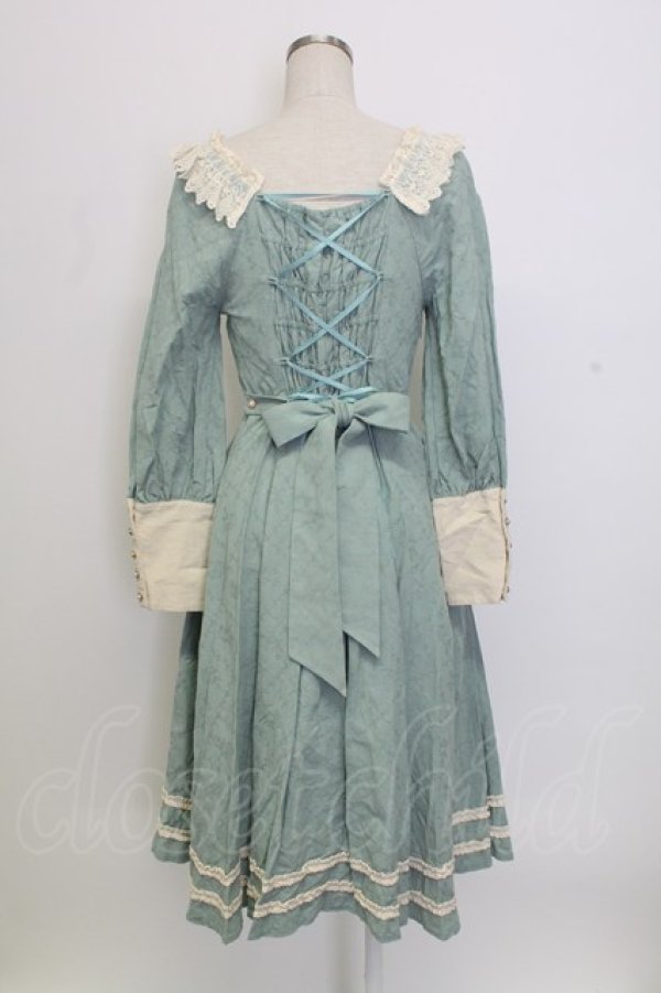 画像2: AURORA BOREALIS / リボンVレース長袖ワンピース M サックスＸアイボリー T-25-12-31-010-0-OP-SA-ZT (2)