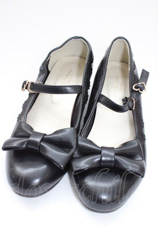 画像1: axes femme kawaii / ローヒールリボンパンプス L 黒 T-26-01-04-030-AX-SH-SA-ZT (1)