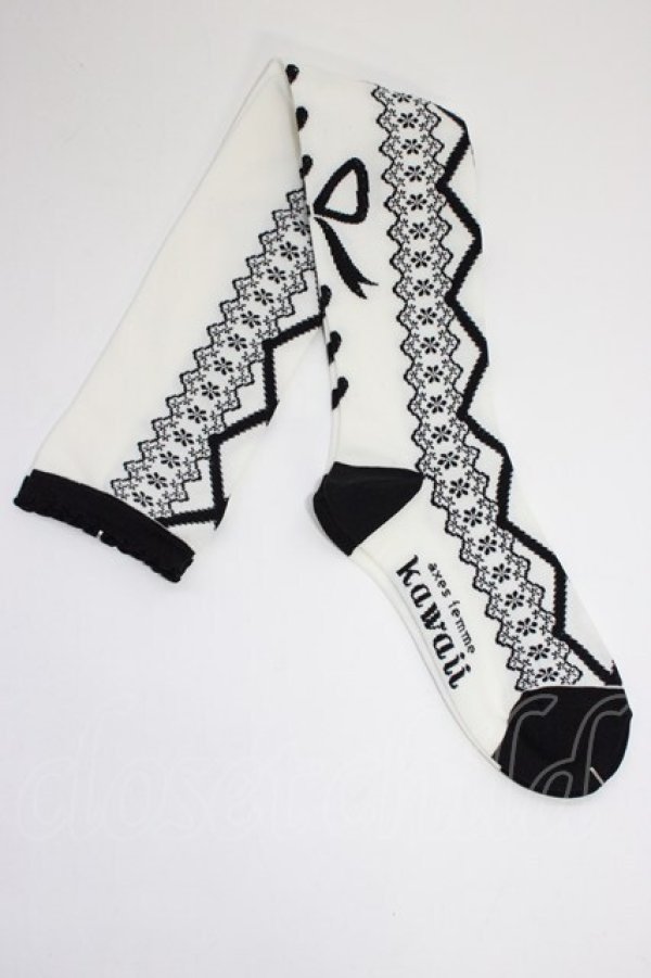 画像2: axes femme kawaii / レースアップ柄オーバーニー  クロ T-26-01-04-009-AX-ZA-SA-ZT (2)